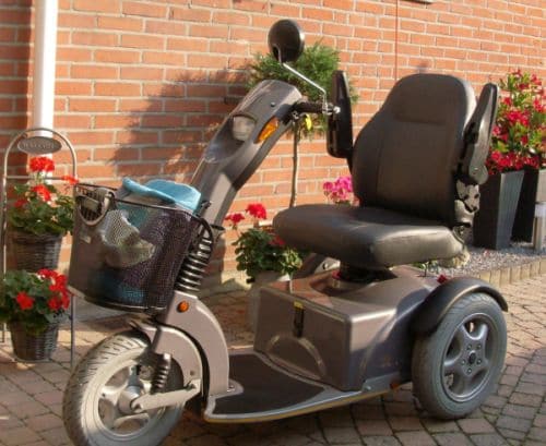 A 3 wheeled mobility scooter