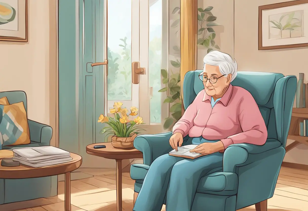 An elderly person sits in a cozy living room chair as a caregiver assists with daily tasks and companionship