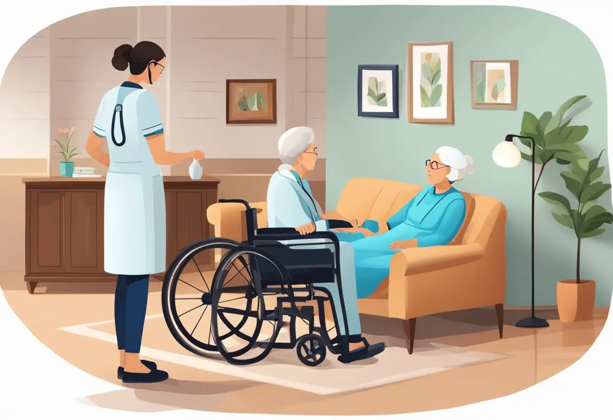A cozy living room with a nurse providing medical care to an elderly person in a comfortable home setting