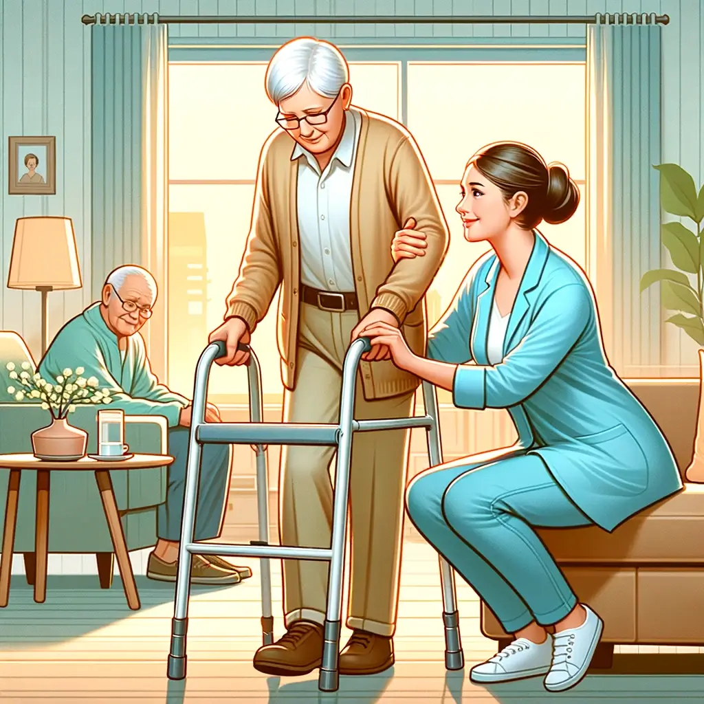 DALL·E 2024 02 05 14.15.42 An illustration depicting a professional caregiver providing assistance to an elderly person in a home setting. The caregiver is helping the elderly p 1