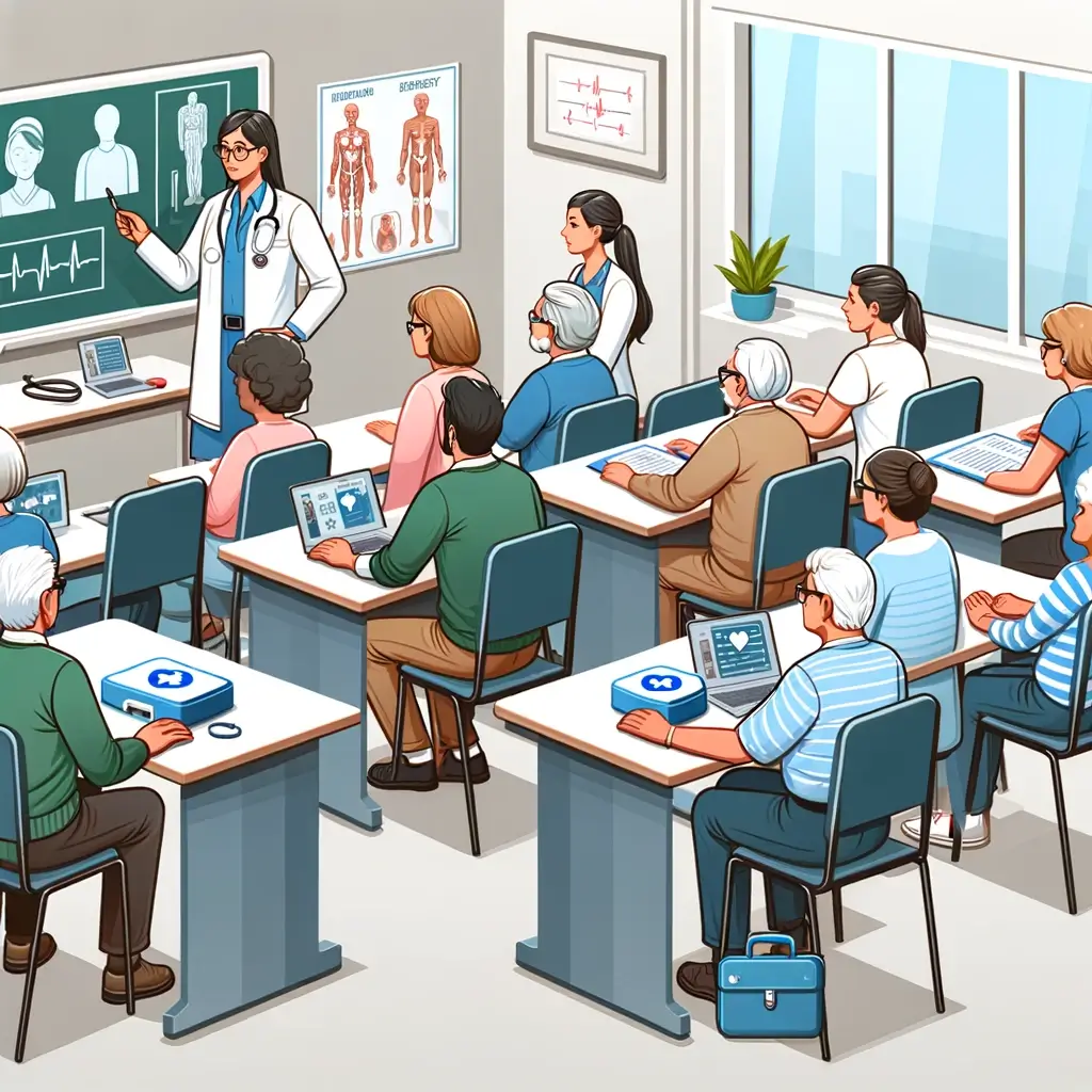 DALL·E 2024 02 05 14.15.44 An illustration showing a classroom setting with diverse adult students engaged in learning about elderly care. They are sitting at desks listening a 1