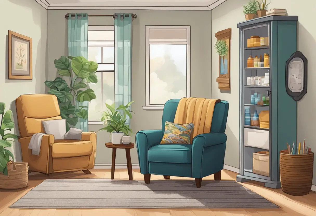 A cozy living room with a comfortable recliner, a well-stocked medicine cabinet, and a calendar filled with appointments