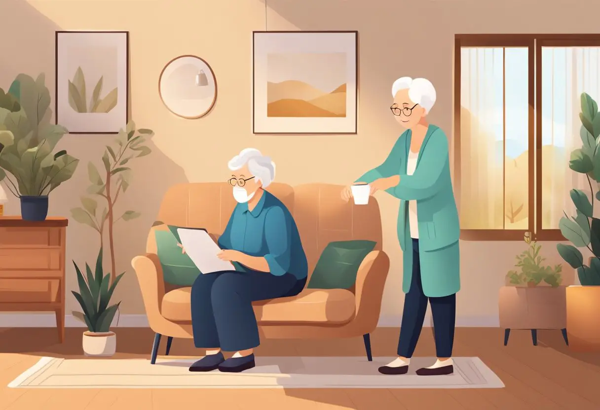 An elderly care worker assists a senior with daily tasks in a cozy living room. A warm, nurturing atmosphere with soft lighting and comfortable furniture