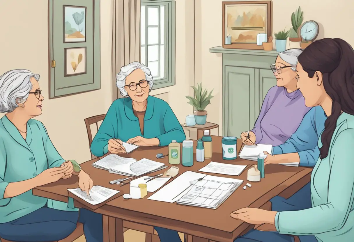 A group of caregivers discussing long-term plans for elderly diabetes patients in a home setting, with medical supplies and charts on a table