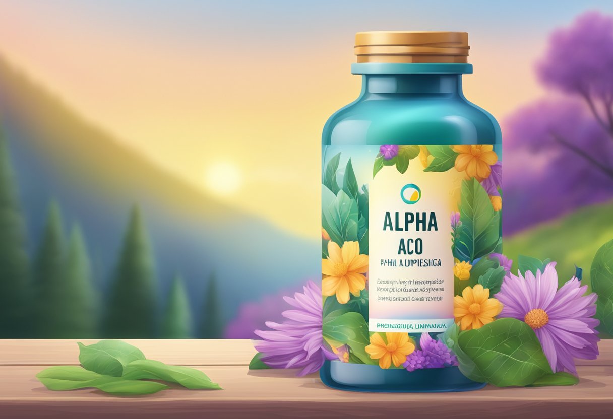 A bottle of alpha lipoic acid sits on a table, surrounded by colorful fibromyalgia awareness ribbons and a soothing, nature-inspired background