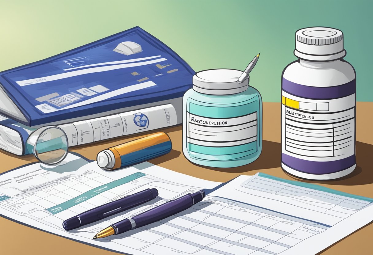 A bottle of baclofen next to a bottle of fibromyalgia medication, with a doctor's prescription pad and a pen on a desk