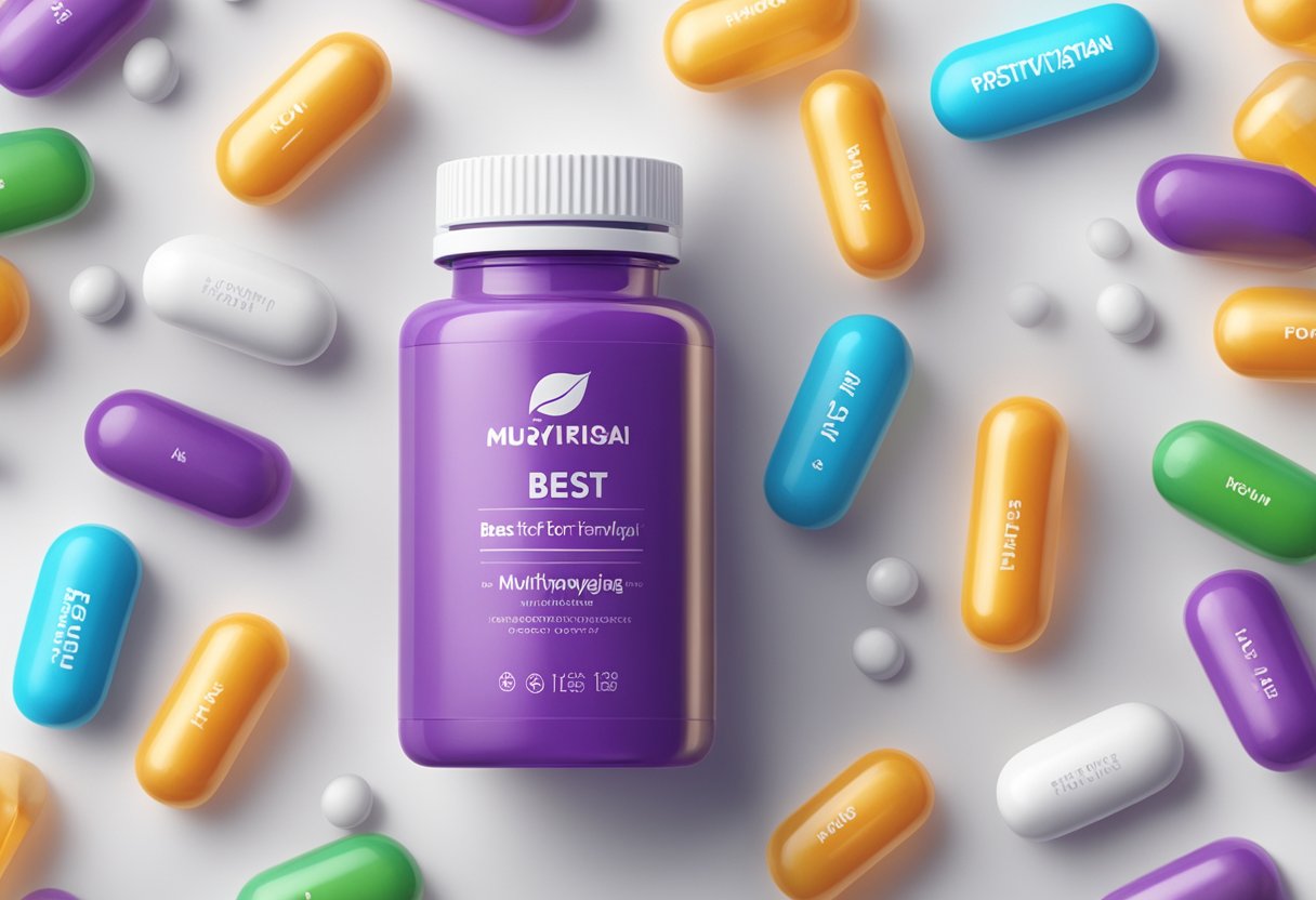 A bottle of multivitamins labeled "best for fibromyalgia" surrounded by colorful capsules and a glass of water on a clean, white countertop