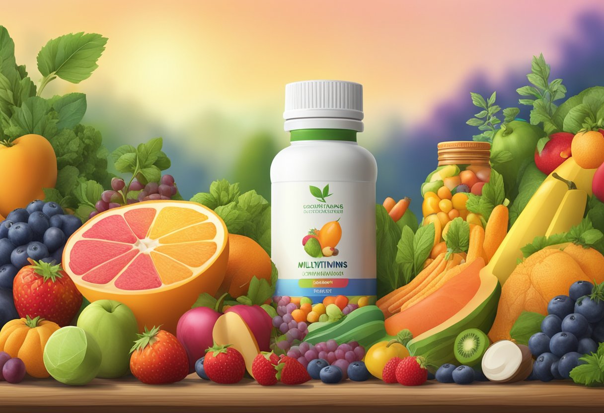 A bottle of multivitamins surrounded by a colorful array of fruits, vegetables, and herbs, with a backdrop of a serene and peaceful setting