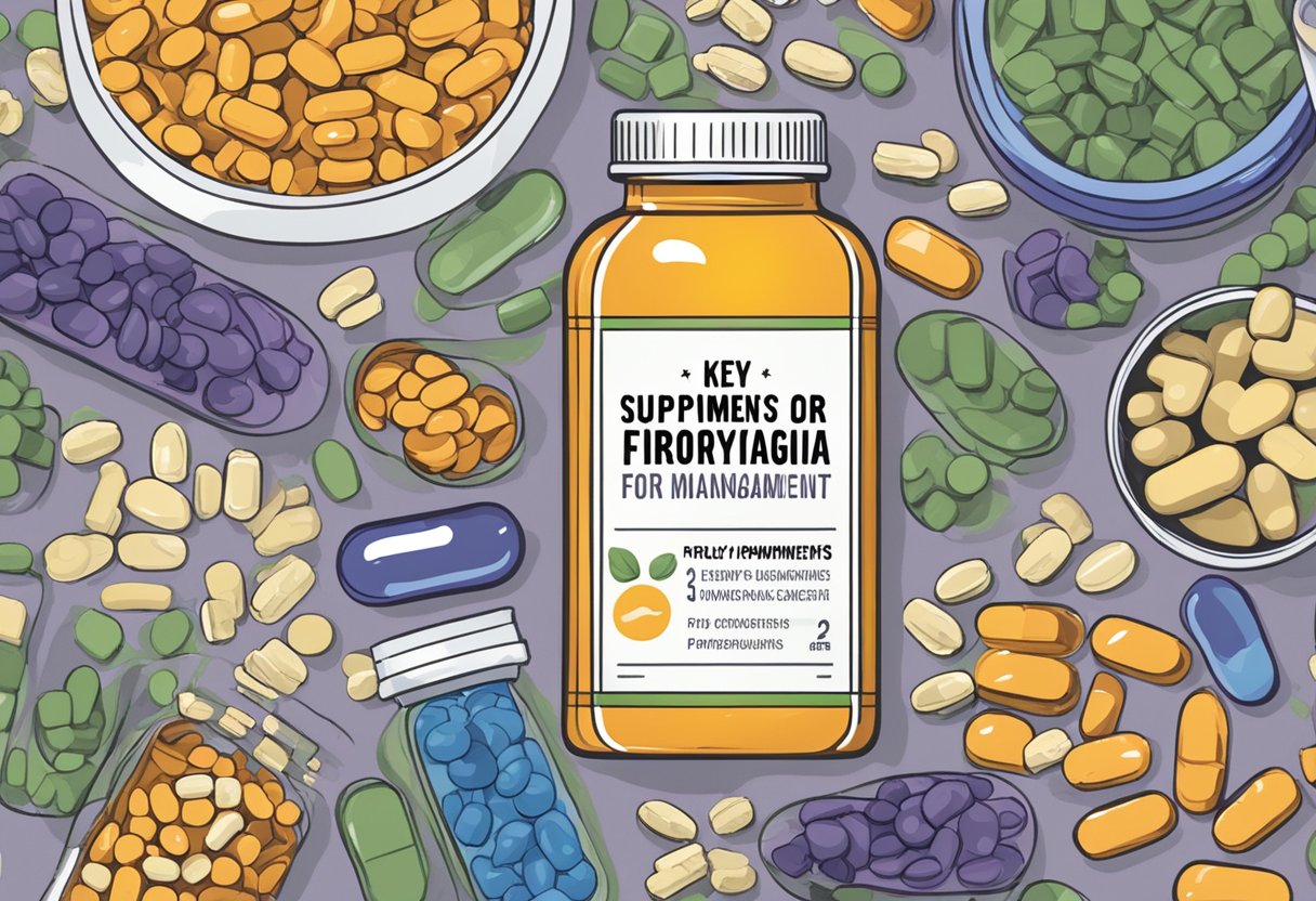A bottle of multivitamins surrounded by various supplements, with the label "Key Supplements for Fibromyalgia Management" prominently displayed