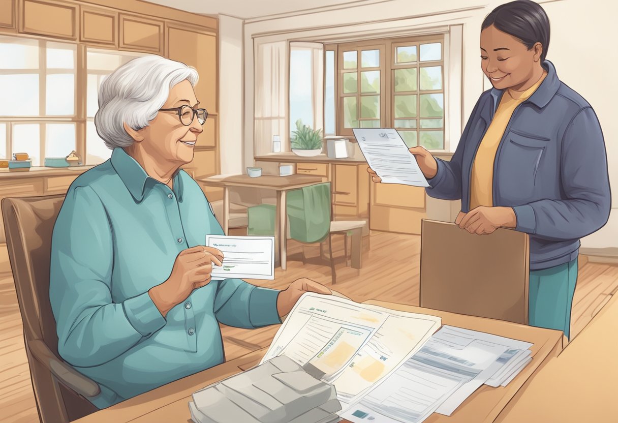 A person receiving a check from an organization for providing care to elderly parents at home