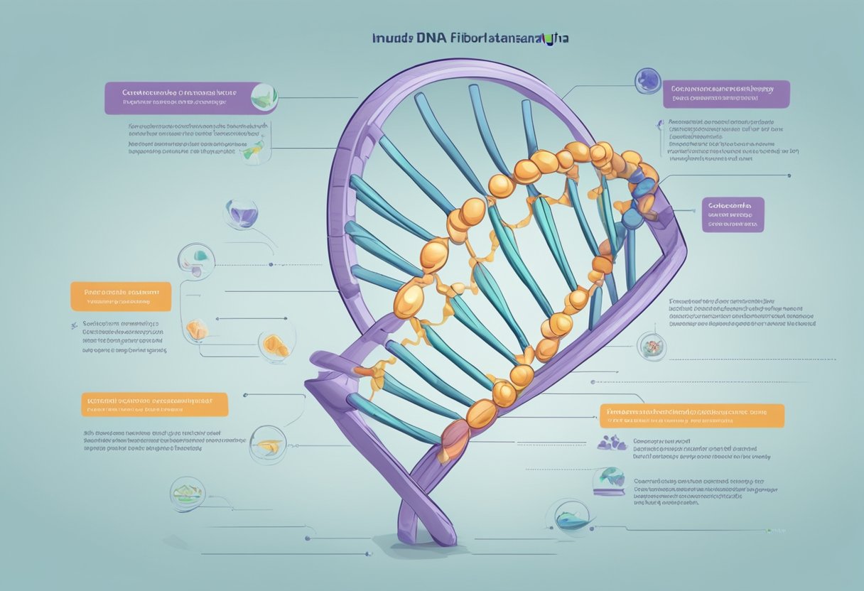 A DNA strand unwinds, revealing genetic markers linked to fibromyalgia. Ten specific factors are highlighted, each contributing to the development of the condition