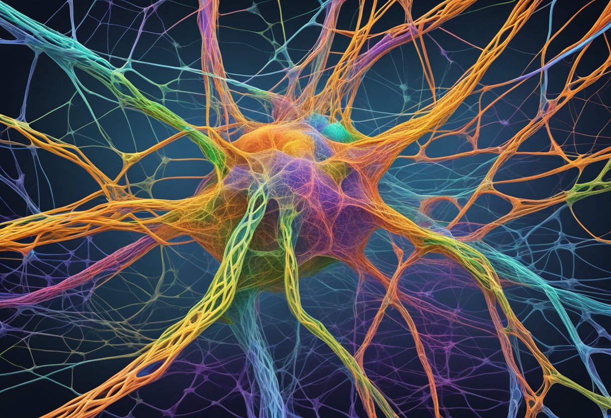 A tangled web of nerve pathways, highlighted in vibrant colors, intertwining and connecting throughout the body, representing the complex neurological contributions to the 10 root causes of fibromyalgia