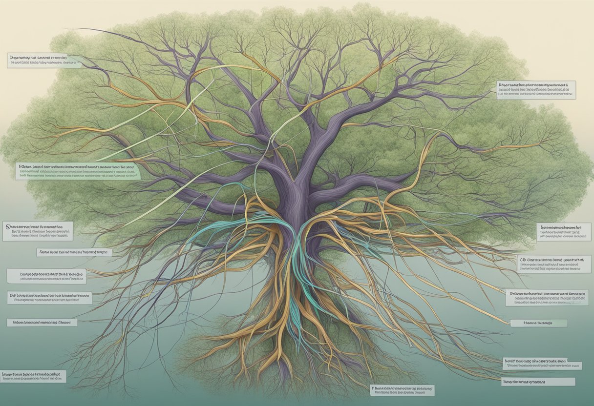 A tangled web of interconnected roots, each labeled with a different potential cause of fibromyalgia, sprawls across the ground