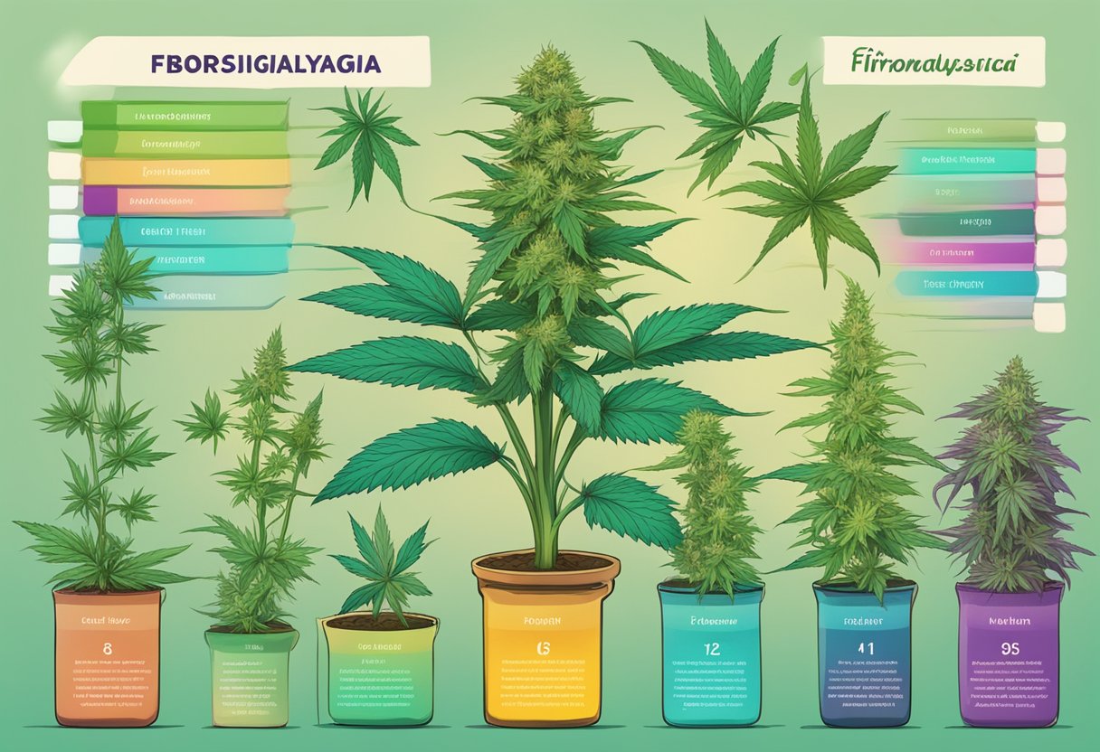 A colorful display of cannabis plants with labels for the top 5 strains for fibromyalgia, including their names and vibrant, distinct characteristics