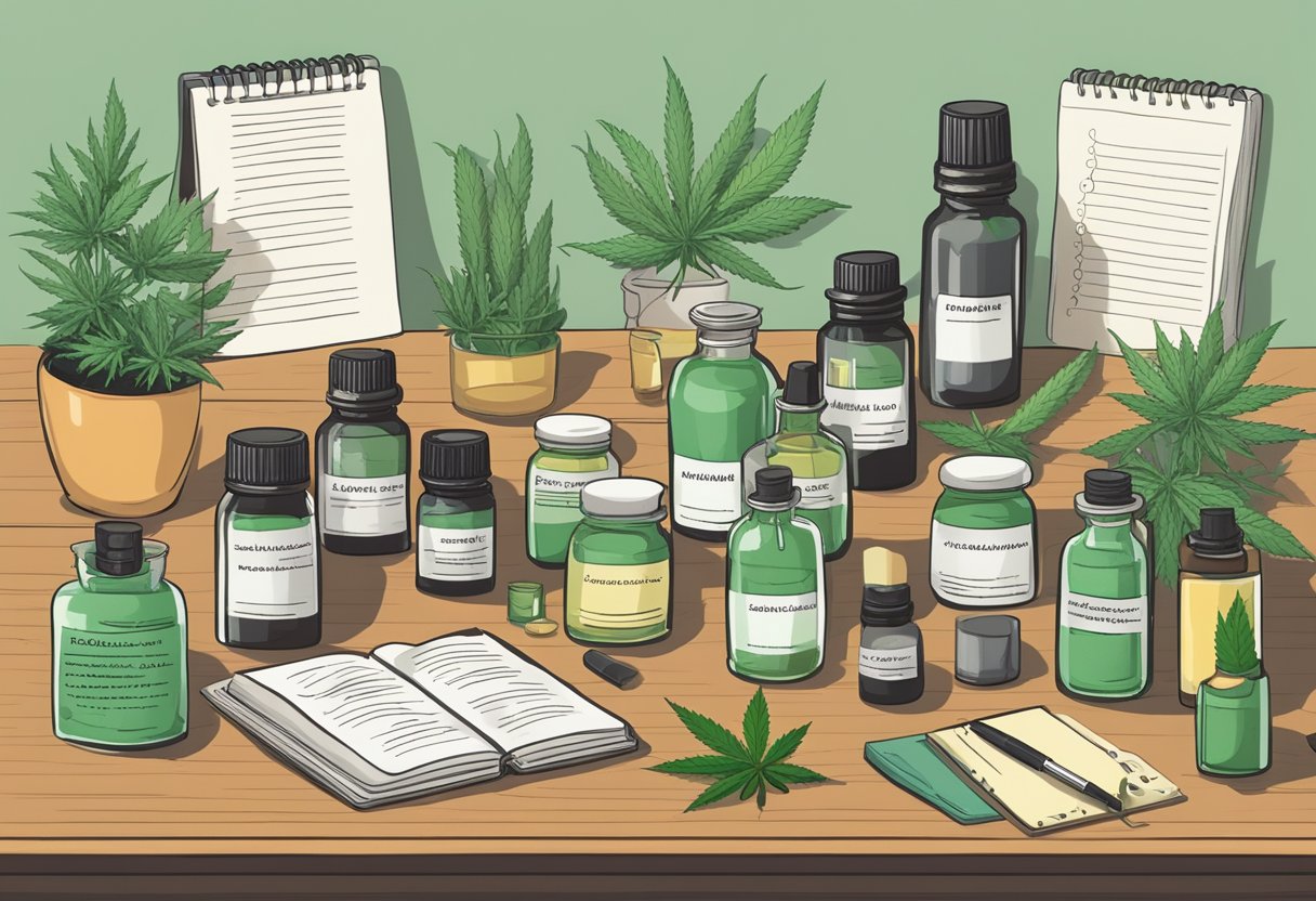 A table with five labeled cannabis strains, surrounded by bottles of essential oils and a journal with notes on fibromyalgia symptoms and relief