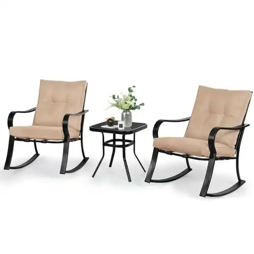 SOLAURA 3-Piece Outdoor Rocking Chairs Bistro Set, Black Iron Patio Furniture with Brown Thickened Cushion & Glass-Top Coffee Table