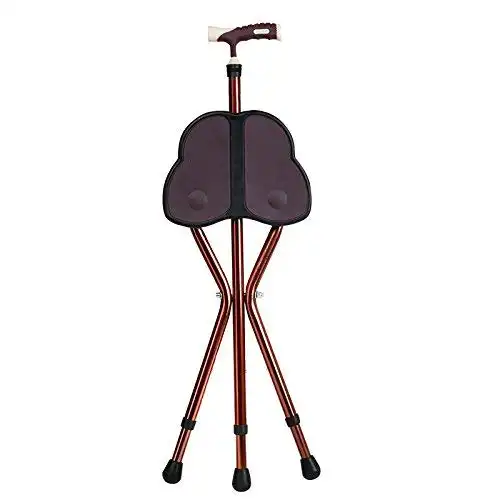 YUNSHINE Folding Cane Seat 441 lbs Capacity Thick Aluminum Alloy Cane Stool Crutch Chair Seat Three-Legged Cane Seats Highly Adjustable Walking Stick Tall Unisex for Elderly As Gift (Brown)