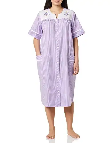 AmeriMark Women Calf-Length Snap Front Knit Duster House Coat Robe – Loose-Fitting Plush Bathrobe - Short Sleeve Bath Robe Lilac