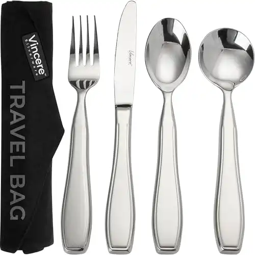 Weighted Utensils for Tremors and Parkinsons Patients - Heavy Weight Stainless Steel Silverware Set, Adaptive Eating Flatware Helps Hand Tremors, Parkinson, Arthritis - Knife, Fork, 2 Spoons & Bag