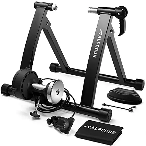 Alpcour Bike Trainer Stand for Indoor Riding – Portable Foldable Magnetic Stainless Steel Indoor Trainer, Noise Reduction, 6 Resistance Settings & Bag – Stationary Exercise for Road & Moun...