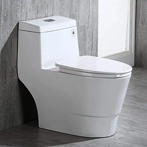 WOODBRIDGE T-0001, Dual Flush Elongated One Piece Toilet with Soft Closing Seat, Comfort Height, Water Sense, High-Efficiency, Rectangle Button, 28.5 x 14.5 x 27.5, White