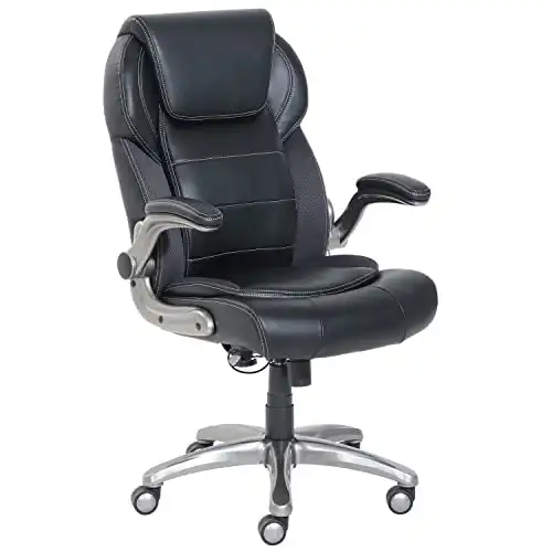 Amazon Basics Ergonomic High-Back Bonded Leather Executive Chair with Flip-Up Arms and Lumbar Support, Black (Previously AmazonCommercial brand)