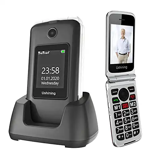 USHINING 3G Unlocked Senior Flip Phone Dual Screen T Mobile Flip Phone Unlocked SOS Big Button Large Volume Basic Cell Phone with Charging Cradle for Seniors(Black)