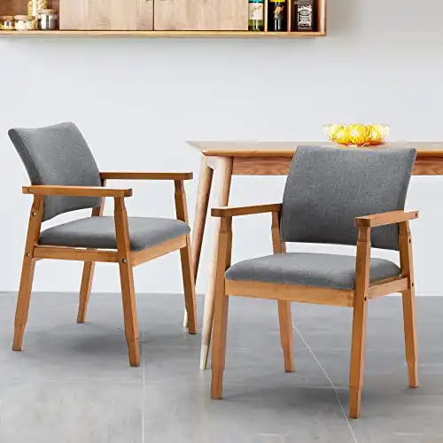 thksbought Set of 2 Mid Century Modern Walnut Dining Chairs Wood Arm Grey Fabric Kitchen Cafe Living Room Decor Furniture