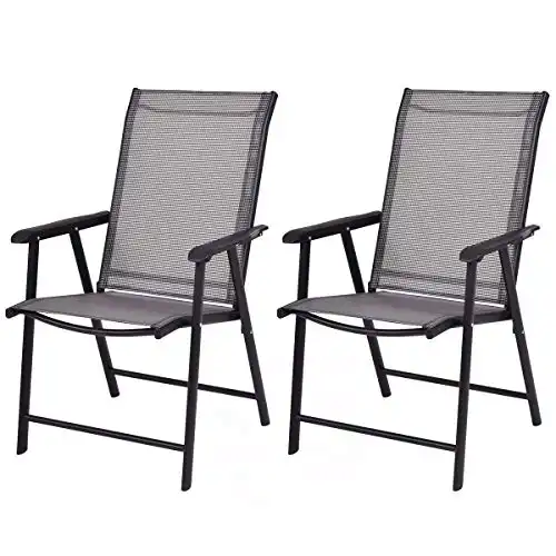 Giantex Set of 2 Patio Folding Chairs, Outdoor Chairs with Armrest, Portable Dining Chairs for Porch Camping Pool Beach Deck Lawn Garden, 2-Pack Patio Sling Chairs, Metal Frame, Grey