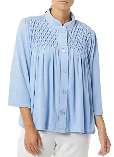 AmeriMark Women's Terry Knit Bed Jacket Button Down Front with Waffle Weave Yoke