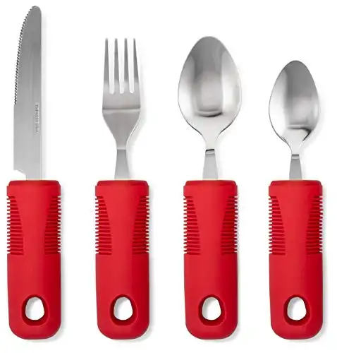 Adaptive Utensils (4-Piece Kitchen Set) Wide, Non-Weighted, Non-Slip Handles for Hand Tremors, Arthritis, Parkinson’s or Elderly use | Stainless Steel Knife, Fork and Spoons (Red - 1 Set)