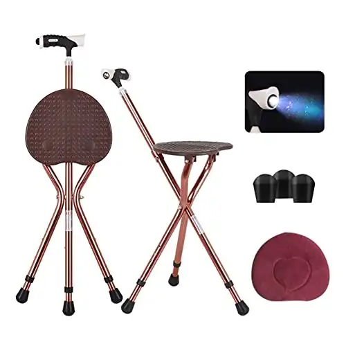 Adjustable Folding Cane with Seat Large Capacity Lightweight Crutch Chair Stool with LED Light and Retractable 3 Legs for Seniors Outdoor Travel Aids