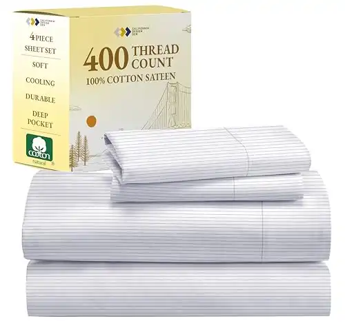 California Design Den Pinstripe Sheets Soft 100% Cotton Sheets Set, Luxury 400 Thread Count Sateen, 4 Piece Deep Pocket Queen Sheets Printed Striped Pattern (Pinstriped)