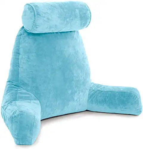 Husband Pillow XXL Carolina Blue Backrest with Arms, Adult Reading Pillow Shredded Memory Foam, Ultra-Comfy Removable Microplush Cover & Detachable Neck Roll, Unmatched Support Bed Rest Sit Up Pil...