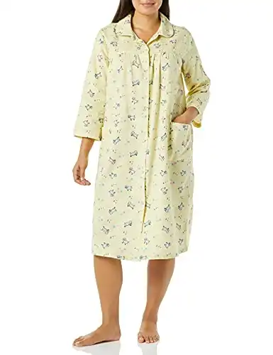 AmeriMark Soft Flannel Cotton Duster Robe Housecoat with Snaps and Patch Pockets Ivory MD