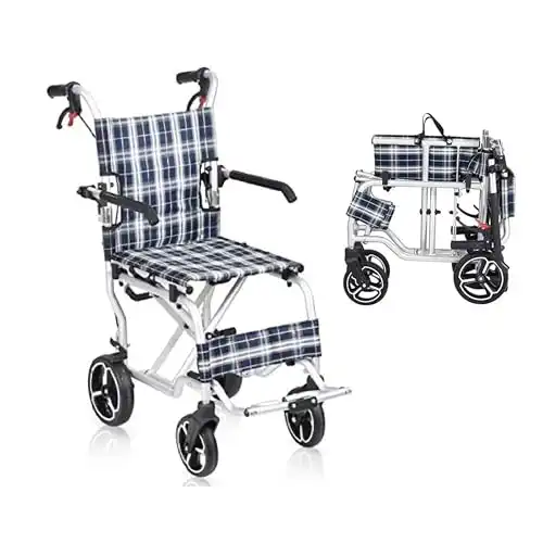 HEALTHLINE Transport Wheelchair Lightweight Foldable Aluminum 19" W/Flip up Legrest and Carrying Bag (only 18 lbs)