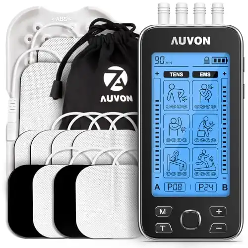 AUVON 4 Outputs TENS Unit EMS Muscle Stimulator Machine for Pain Relief Therapy with 24 Modes Electric Pulse Massager, 2" and 2"x4" Electrodes Pads (Black)