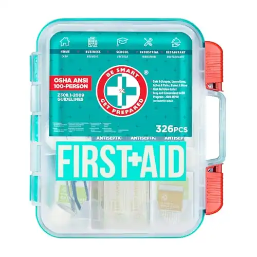 Be Smart Get Prepared First Aid Kit, Teal, 326 Piece, Exceeds OSHA and ANSI Guidelines 100 People - Office, Home, Car, School, Emergency, Survival, Camping, Hunting and Sports