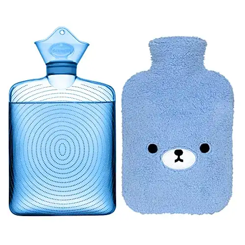 samply Hot Water Bottle with Cute Animal Cover, 2L Hot Water Bag for Hot and Cold Compress, Hand Feet Warmer, Neck and Shoulder Pain Relief, Great Gift for Women or Children, Bear Blue