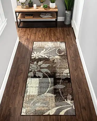 Superior Indoor Runner Rug, Jute Backed, Perfect for Entryway, Office, Living/Dining Room, Bedroom, Kitchen, Floor, Modern Floral Patchwork Decor, Pastiche Collection, 2' 7" x 8', Beige