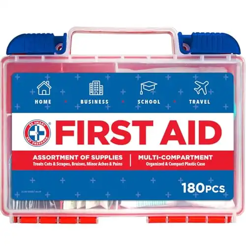 Be Smart Get Prepared 180 Piece First Aid Kit: Clean, Treat, Protect Minor Cuts, Scrapes. Home, Office, Car, School, Business, Travel, Emergency, Survival, Hunting, Outdoor, Camping & Sports, FSA ...