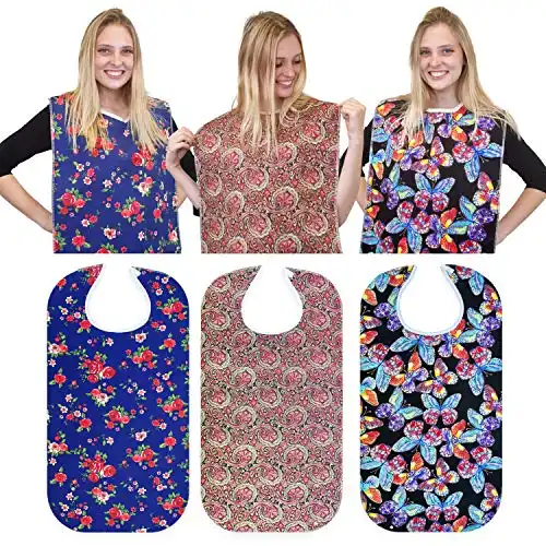 RMS 3 Pack Adult Bib Washable Reusable Waterproof Clothing Protector with Optional Crumb Catcher and Vinyl Backing 34"X18" (Butterfly/Blue Rose/Heritage)
