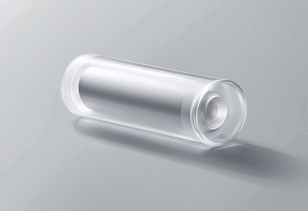 A small, white, cylindrical object surrounded by a clear, plastic wrapper on a clean, white surface