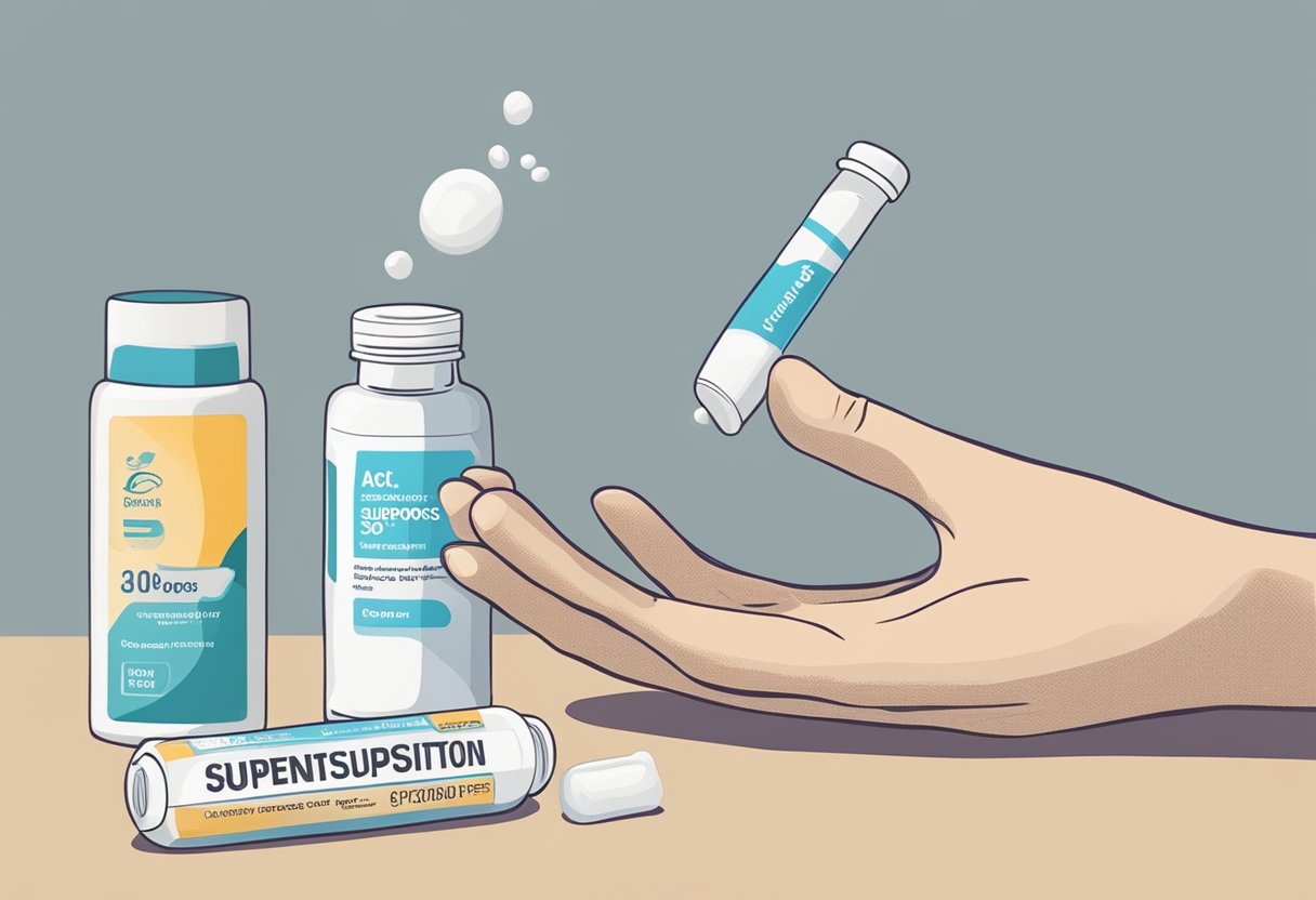 A hand holding a boric acid suppository next to a bottle of alternative suppositories