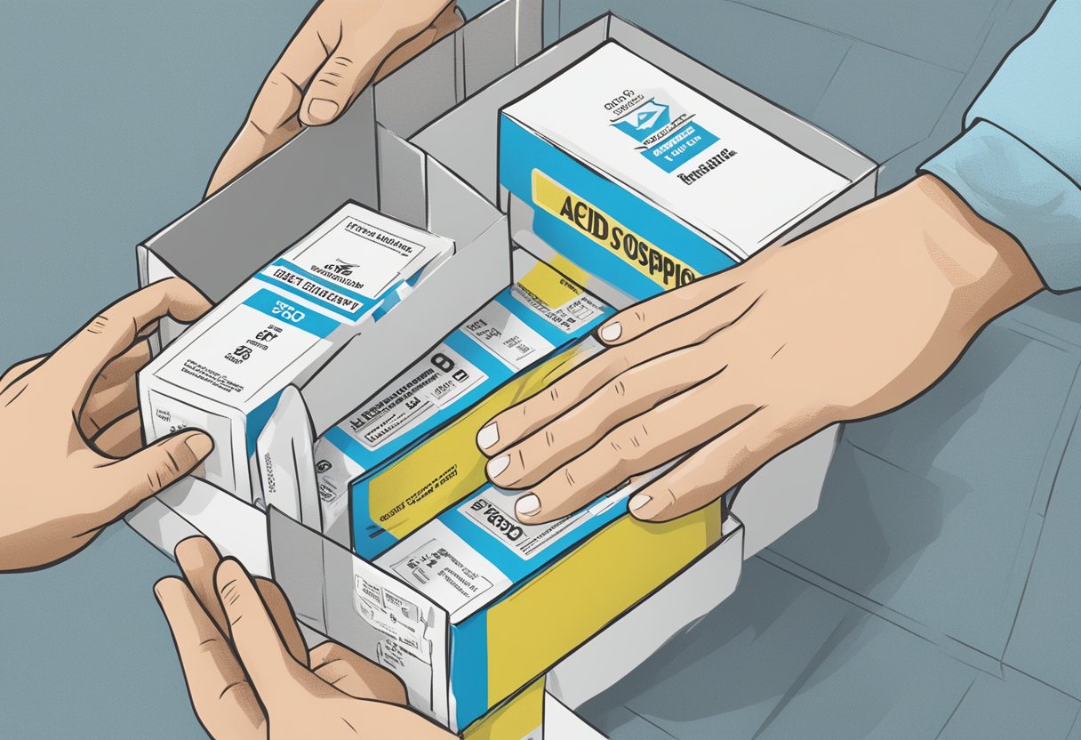 A hand reaching for a box of acid boric suppositories with a prominent safety warning label